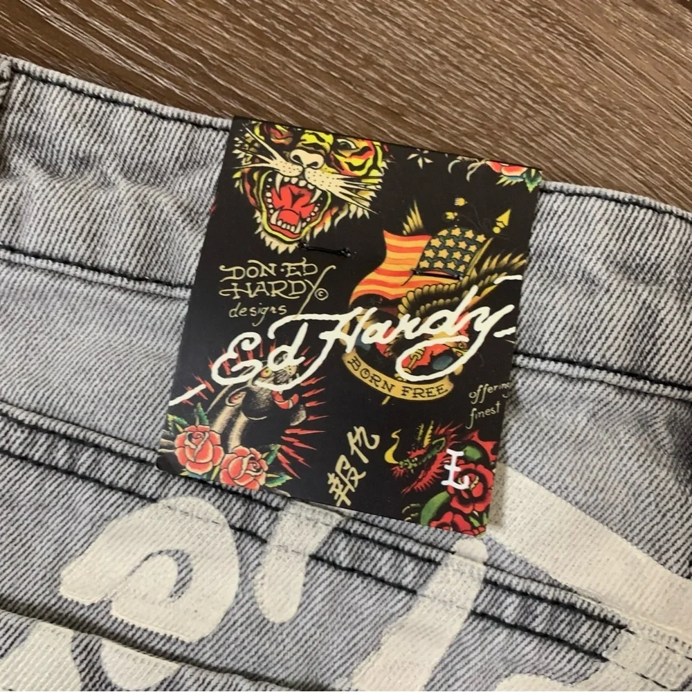 Ed Hardy grey wash Cross denim printed mini skirt L NWT